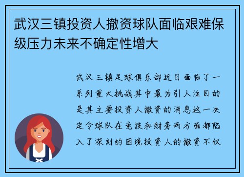武汉三镇投资人撤资球队面临艰难保级压力未来不确定性增大