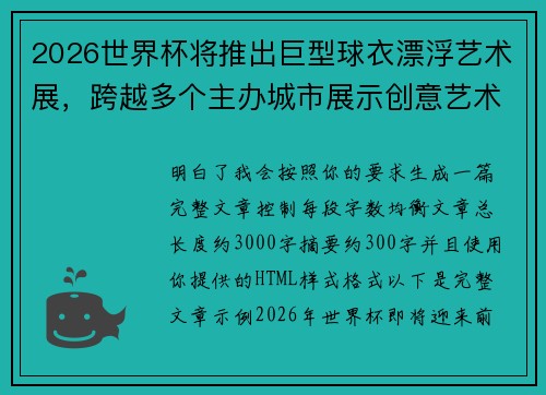 2026世界杯将推出巨型球衣漂浮艺术展，跨越多个主办城市展示创意艺术
